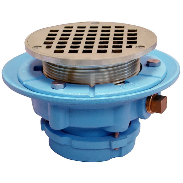4in No Caulk Mechanical Joint Code Blue Floor Drain, 9in Pan, 4in Nickel Bronze Round Strainer